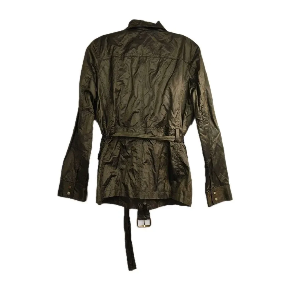 Michael Kors Rain Jacket‎ Women's M Olive Green Belted Full Zip Pockets